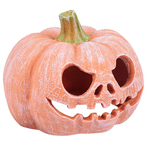 POPETPOP Pumpkin Shaped Resin Reptile Hideout Aquarium Decor Small Pet Hide Cave 3.93 Inch Halloween Habitat for Lizards and Shrimp