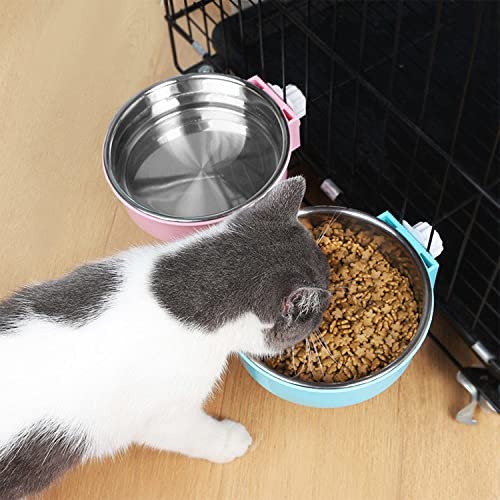 Dog Crate Bowl, Hanging Stainless Steel Removable Pet Crate Water & Food Bowls, Pet Cage Feeder Container Coop Cup for Cat Puppy Birds Rats Guinea Pigs Rabbit Hamster (2PCS) - color: (Round) Dark Blue/Yellow