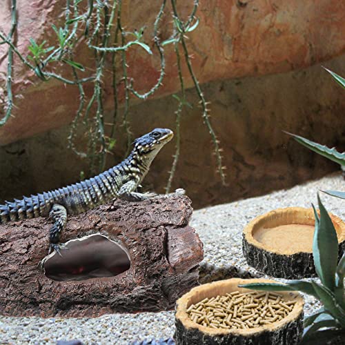 Reptile Hide & Food Bowls - Lizard Resin Hollow Tree Trunk Hideout, Bearded Dragon Tank Accessories - Water Dish Habitat Tank Decoration for Lizards, Snake, Gecko - 3 Pcs (Brown Rock)