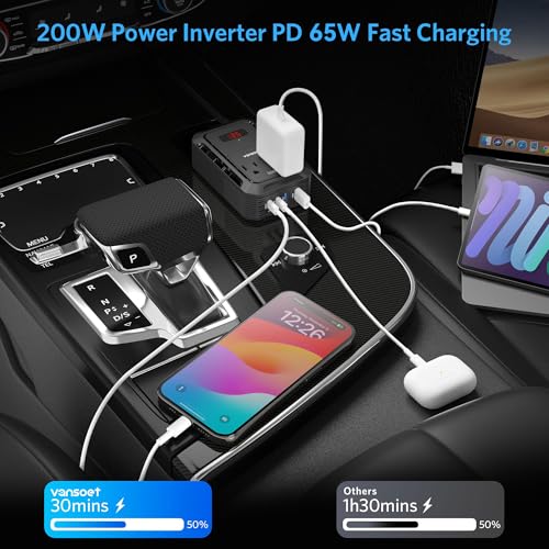 200W Car Power Inverter, DC 12V to 110V AC, PD 65W/30W USB C & QC 18W Ports - color: Black