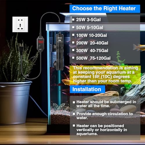 Aquarium Heater 25W, Submersible Fish Tank Heater with LED Digital Display, Auto Power-Off When Leaving Water & High Temp Protection, for Fresh and Salt Water Tanks 3-5 Gal - size: For Tanks 3-5 Gal