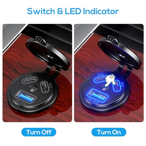 DC 12V-24V Car Charger Socket with PD & QC3.0 Ports LED Indicator Design Waterproof USB Outlet for Car Motorcycle Truck