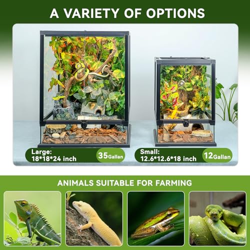 18x12x12 12 Gallon Glass Reptile Tank Front Opening Terrarium Suitable for Leopard Geckos, Snakes Tree Frogs Chameleons Watertight Base, Ventilated Metal Mesh Top, Pre-Drilled Cable Holes - size: 18'' x 12.6'' x 12.6''