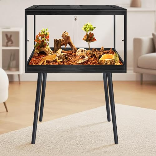 PROLEE Bearded Dragon Tank with Leg Stand 22 Gallons, Wooden Lizard Tank,Reptile Tank with Metal Mesh Roof Door, Acrylic Panel Snake Tank with Lock Design (Black, 24"x16"x16") - color: Black, size: 24"x16"x16"