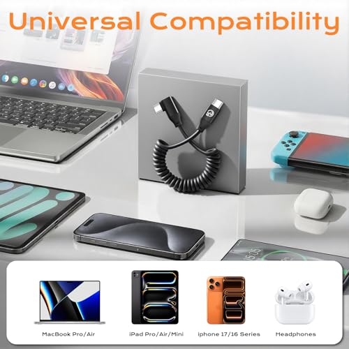 Coiled USB C to USB C Cable Right Angle 1FT 2Pack, USBC 3.2 Gen 2 Cable