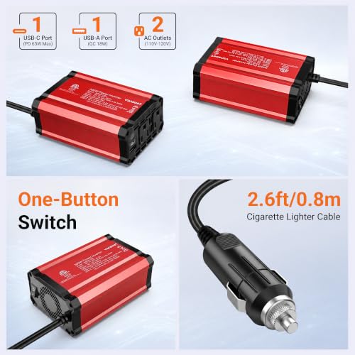 300W Car Power Inverter, DC 12V to 110V AC, PD65W QC18W 2 Outlets - color: Red-300w-65
