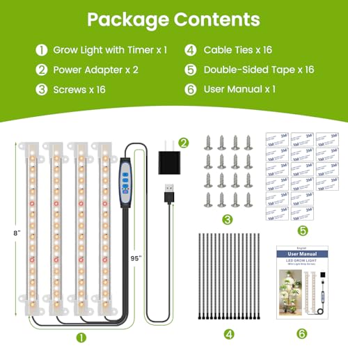 Kullsinss 8 inches LED Grow Light Strips, Full Spectrum Grow Lights for Indoor Plants with 6/12/16H Timer, 5 Dimmable Levels, Plant Light for Seedling Succulent, Ideal for Plant Shelf (4 Strips*2pcs) - size: 2 Pack