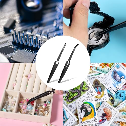 Reverse Tweezers for Crafting, 2 Pcs Rubber Tipped Tweezers Stainless Steel PVC Coated Bent and Straight Flat Tip Cross Locking Precision Tweezer Set for Crafts Jewelry Beads Coins Electronic (Black)