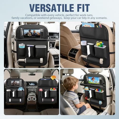Nilight Car Seatback Organizer 2PCS Black PU Leather Universal - color: Black Leather w/Tray and Bucket-2Pcs Long Size