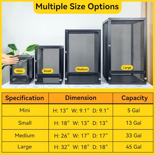 RunDuck 13 Gallon 360° Panoramic Foldable Reptile Terrarium Kit: Crested Gecko Tank and Reptile Cage for Superior Ventilation, Easy Feeding, Sturdiness, and Simple Assembly (Black, 18"x13"x13")