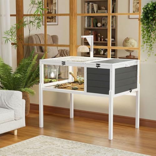 Wooden Tortoise Habitat Indoor Outdoor, 2-Story Tortoise House with Balcony & Storage Shelf, Large Turtle Enclosure Reptile Cage for Small Animals, Weatherproof Design, Gray
