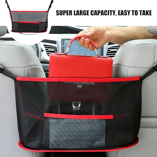 Car Net Pocket Handbag Holder, Vehicle Storage Organizer Between Front Seats for Phone Purse, Automotive Interior Driver Netting Pouch Accessories, Universal for SUV Truck RV (Red)