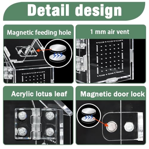 Acrylic Jumping Spider Enclosure House-Shaped Terrarium | Clear 360° view tank, magnetic door & top feeding port, 1mm vents, for mantis, tarantula, gecko & small insects - color: Transparency