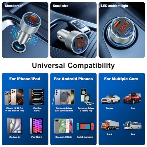 iPhone Fast Car Charger,65W 4-Port USB C Car Phone Charger with Voltmeter - color: Gray