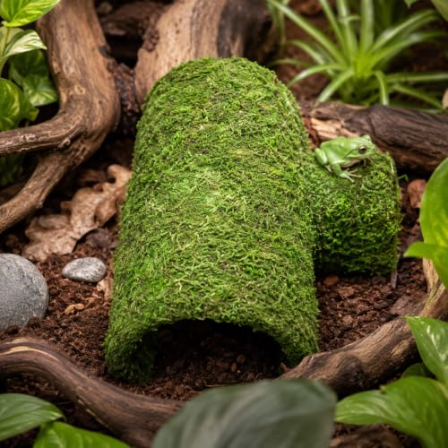 Mossy Reptile Hide for Terrariums, T-Shaped Cave with Dual Openings for Leopard Geckos, Small Lizards, Frogs, Hermit Crabs and Small Snakes, 7.1 in