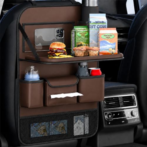 2 Pack Leather Car Backseat Organizer with Foldable Table Tray, Universal Car Seat Back Protector Kick Mat with Touchscreen Tablet Holder, Storage Pockets, Cup Holders & Tissue Holder, Brown - color: Brown