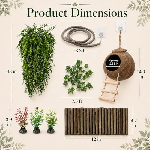 HERCOCCI Crested Gecko Tank Accessories, Reptile Hanging Plants Vines with Natural Coconut Shell Hideout & Climbing Ladder Decor for Hermit Crab Lizard Leopard Gecko Chameleon Snake Terrarium Decor