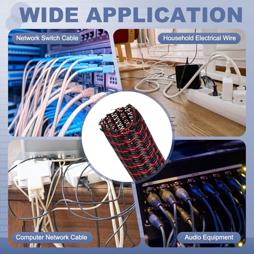 MECCANIXITY Split Sleeve Wire Loom 1-1/4" 25Ft Black/Red Self Wrapping Braided Sleeve UL94-V2 Fireproof PET Sleeving for Automotive, Home Cable Management - color: Black/Red, size: 1-1/4" x 25Ft