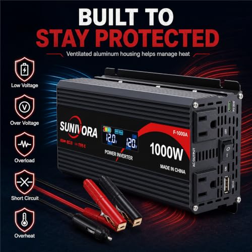 1000 Watt Car Power Inverter 12V DC to 110V/120V AC Converter 2000W Peak with LCD Display, 2 AC Outlets & 5V USB 3.0 Port, Car Plug in Adapter Outlet Supplies Power to Appliances in Car Boat1