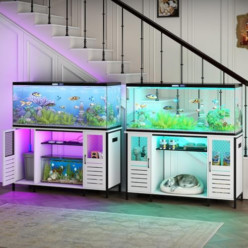 BREEZEHEAT 55-75 Gallon Fish Tank Stand with Power Outlets, LED Light, Adjustable Shelves, Heavy Duty Aquarium Stand with Cabinet, Terrarium stand Suitable for Turtle & Reptile Tank, 1250LBS, White