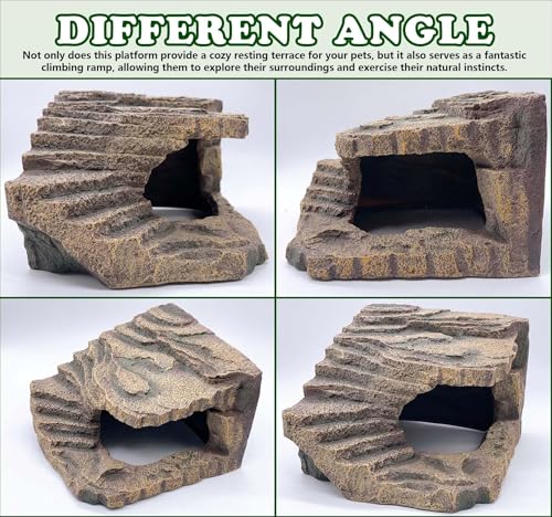 kathson Large Turtles Basking Platform,Resin Reptile Hideouts Cave Habitat Decor,Tortoise Hide Cave with Climbing Ramp Step,Bearded Dragons Hide Basking Rocks Accessories for Lizard,Gecko,Frog