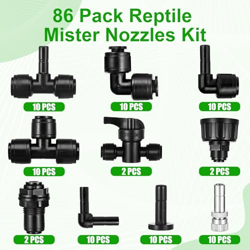 86 Pack 1/4" Reptile Mister System Reptile Mister Nozzle Kit,360 Degree Adjustable 1/4 Misting Nozzle Parts Quick Connect Fittings for Aquarium,Vivarium,Plants, Amphibians - size: 84 Pack Mister Nozzles Kit