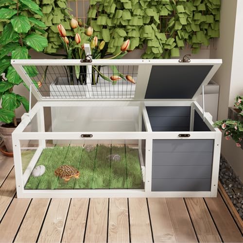 Wood Tortoise Habitat House Indoor with Lamp Holder & Observation Window, Outdoor Tortoise Habitat Amphibians Reptile Cage with 2 Removable Waterproof Trays for Small Animals (Gray C)
