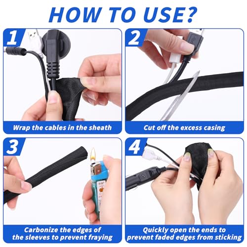 30ft - 3/4in Split Braided Sleeve Cable Management, Self-Wrapping - size: 3/4inx30ft