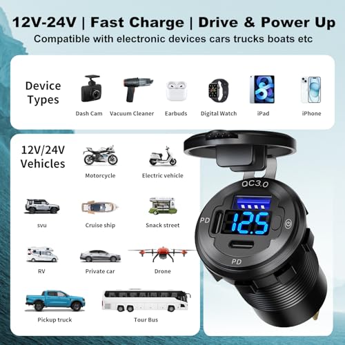 12V USB Outlet 3 Port PD+QC Waterproof Car Charger Switch Voltmeter Marine - size: Dual PD+QC3.0