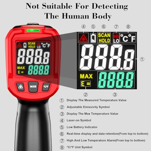 FKM Infrared Thermometer Gun,Non Contact Laser Thermometer Gun for Industrial,HVAC,Engine,Kitchen Cooking,Digital IR Temperature Gun -58°F~1112°F(-50°C~600°C) Adjustable Emissivity,Not for Human - color: Red