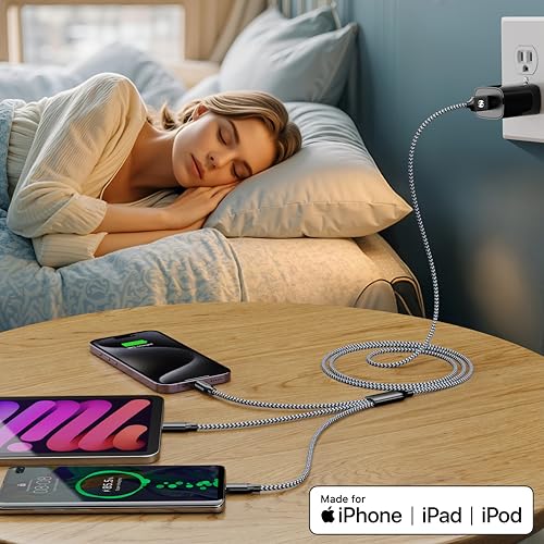 Multi Charging Cable 2Pack 6FT 3 in 1 Long Apple MFi Certified Cable - color: Grey/Silver-6ft