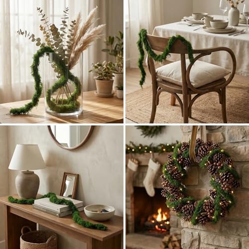 2PCS 55 inch Artificial Fake Moss Green Vines for Home Commercial Office Hanging Reptile Moss wall Decor Wedding Event Halloween Christmas Easter wall Art Decorating