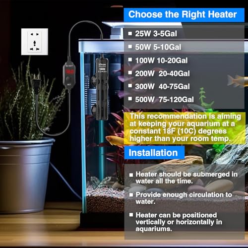 Aquarium Heater 100W, Submersible Fish Tank Heater with LED Digital Display, Auto Power-Off When Leaving Water & High Temp Protection, for Fresh and Salt Water Tanks 10-20 Gal - size: For Tanks 10-20 Gal