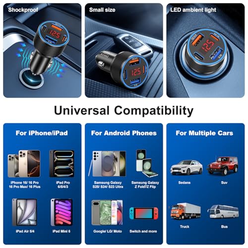 4-Port USB C Car Charger Fast Charging,2Pack 65W Car Phone Charger Adapter - color: Black