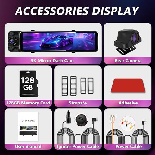 3 Channel Mirror Dash Cam with Front 3K, Cabin & Rear 1080P, 11" Rear View Mirror Camera with WiFi/Night Vision/G-Sensor/Parking Monitor/Reverse Assist /128GB, Backup Camera for Cars/Trucks