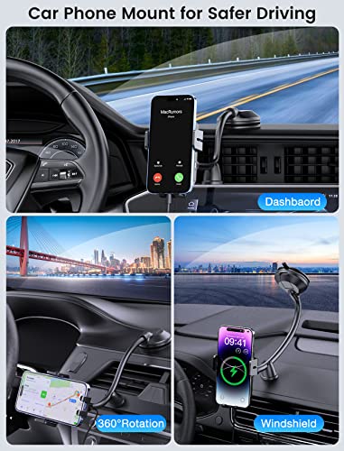 Wireless Car Charger, MOKPR 15W Fast Charging Car Mount Auto-Clamping Car Charger, Dashboard Windshield Phone Holder Compatible with iPhone 16 15/14/13/13 Pro/12 Pro12/11/X, Samsung S23/S22/S10/S9/S8