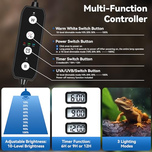 HNRLOY UVB Reptile Light, 9W UVA UVB Dimmable LED Reptile Lamp for Bearded Dragon, Chameleon, Turtles, Gecko, Snake, Lizard, Adjustable 6/10/12H Timer, Dimmable with 3 Lighting Modes - size: 4.9Inch