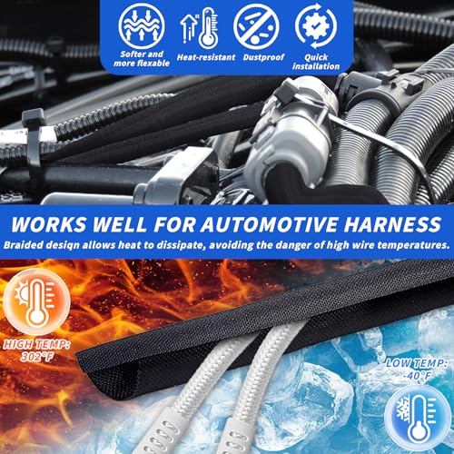 30ft - 3/8in Split Braided Sleeve Cable Management, Self-Wrapping - size: 3/8inx30ft