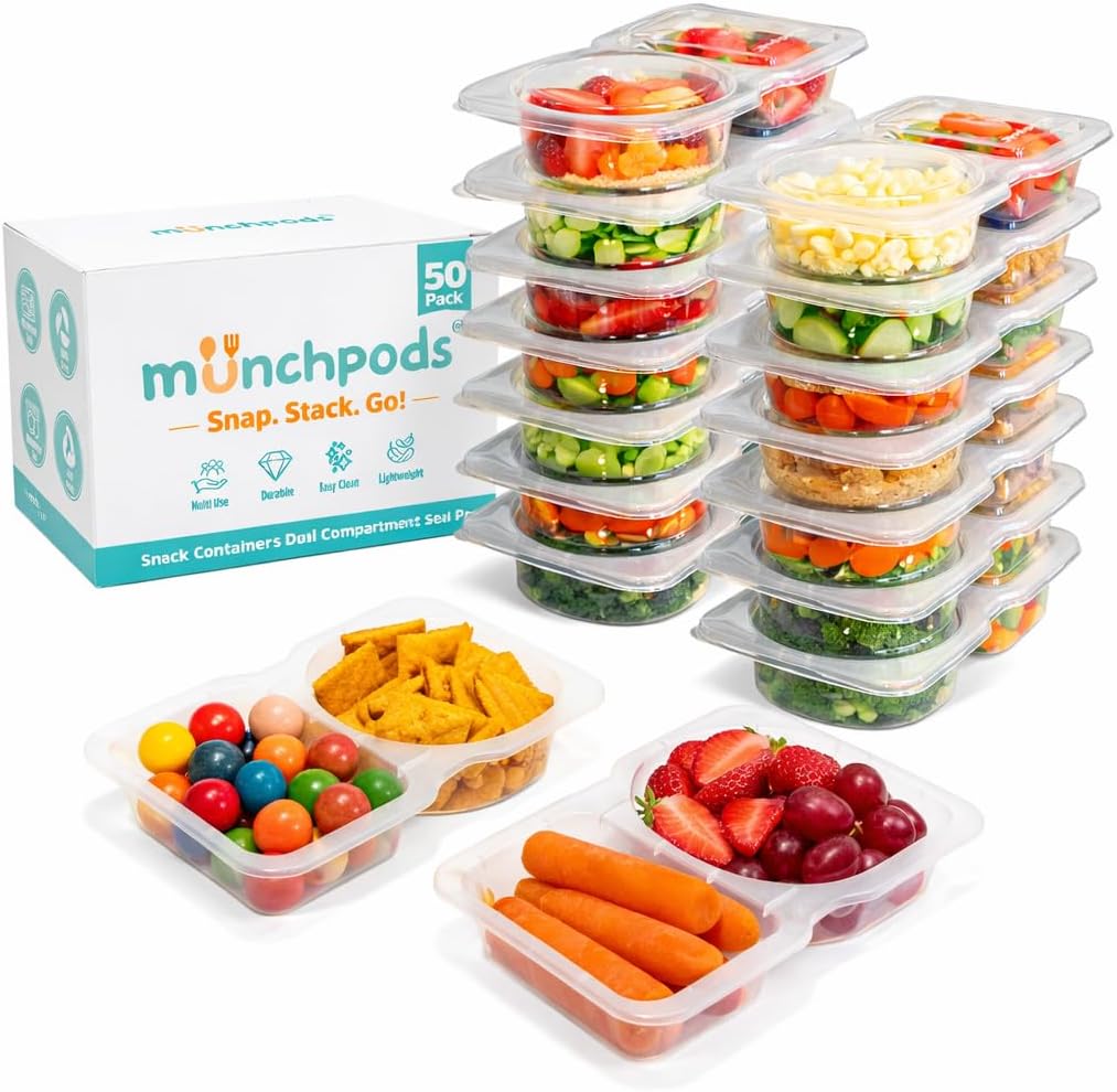 Reusable Snack Containers with Lids 20 Pack (40 Pieces) Portion control, Snack Pack Containers 2 Double Compartment Snack Containers for Kids On the Go Meals, Camping Snack Tray Prep