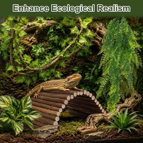 23''×20'' Reptile Hide Bearded Dragon Tank Accessories Bridge Hideout&Vine | Large Climbing Wooden Bridge Hideout & Hanging Plant Vines Artificial Leaves for Snake Lizard Tortoise Leopard Gecko