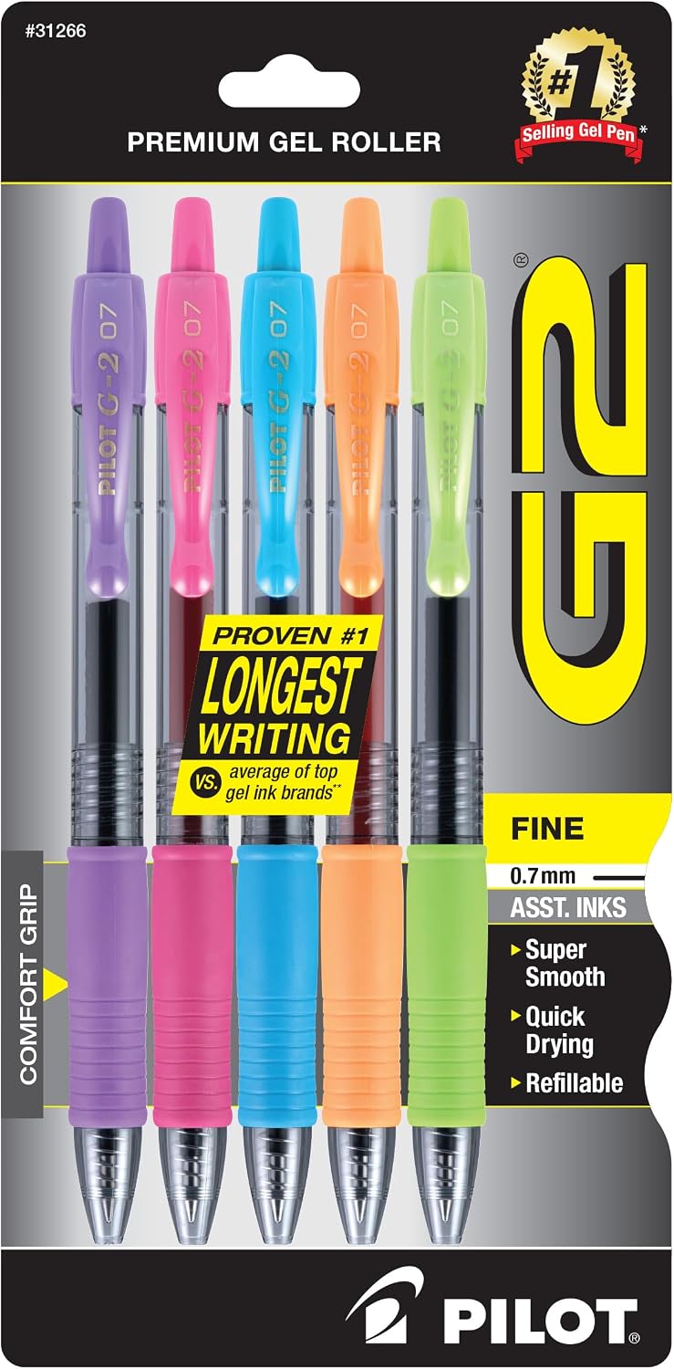 Pilot G2 Pens, Premium Refillable and Retractable Rolling Ball Gel Pens, Fine Point, 0.7mm, Black Ink, 5-Pack