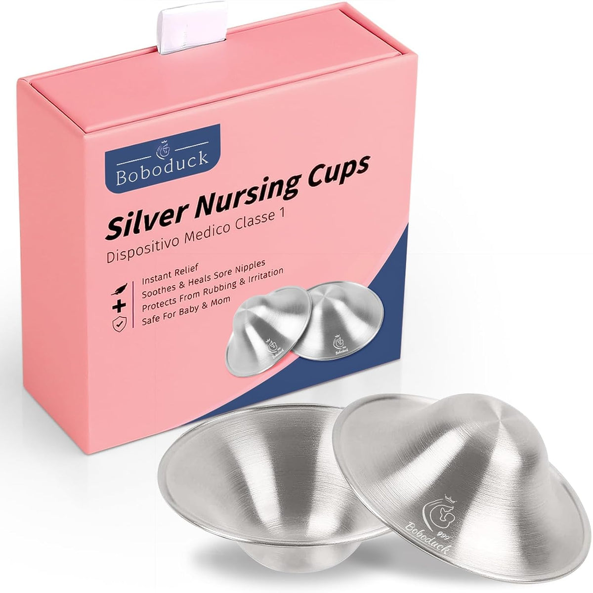 Boboduck The Original Silver Nursing Cups - Nipple Shields for Nursing Newborn, Newborn Breastfeeding Must Haves for Soothe and Protect Your Nursing Nipples - 925 Silver (Regular Size)