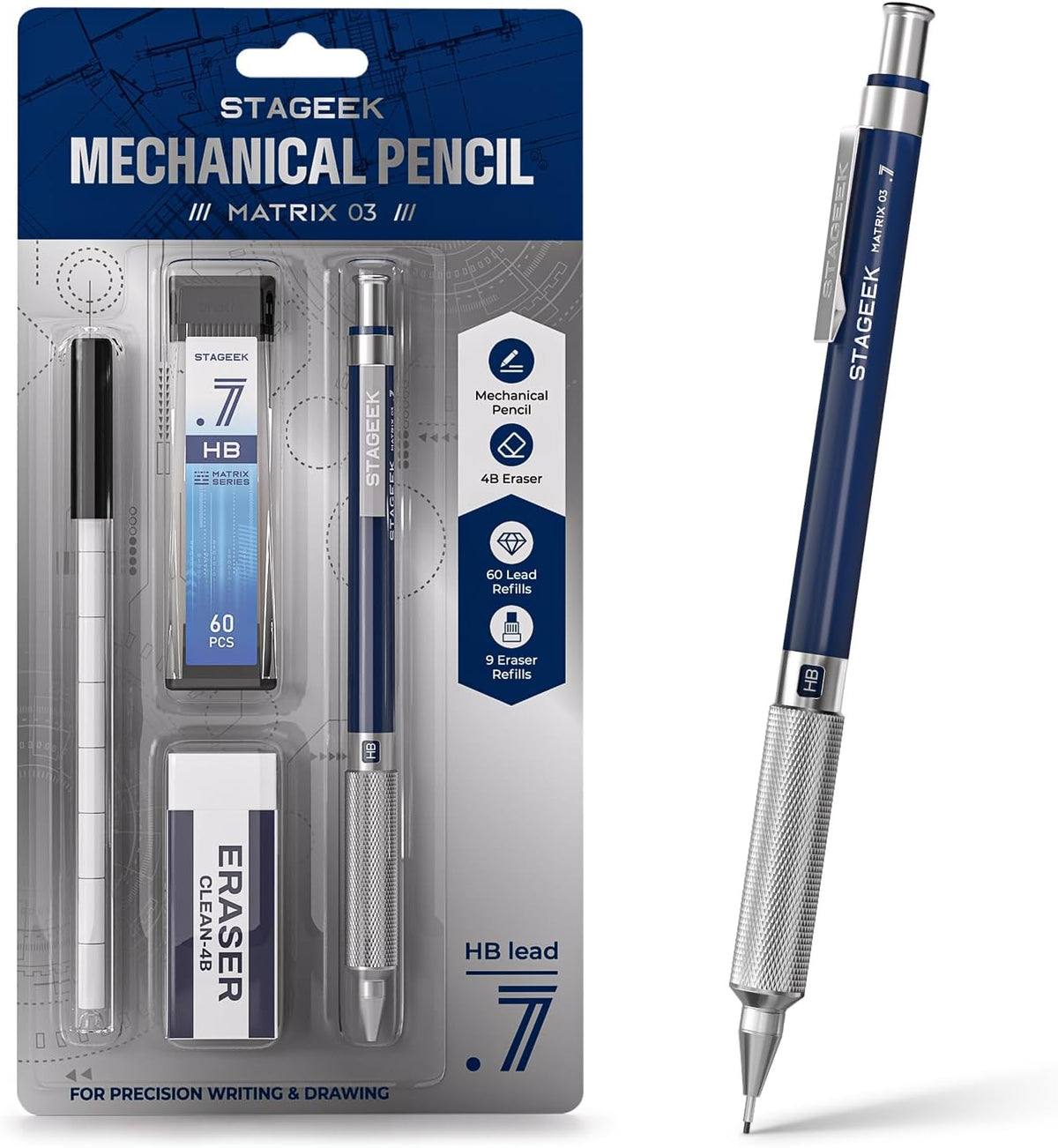 STAGEEK 0.5mm Mechanical Pencil, Metal Art & Drafting Pencil with Eraser and 60 HB Lead Refills, Professional Drawing Pencil for Artists, Students, School, Office, Writing, Sketching, Drafting(Black)