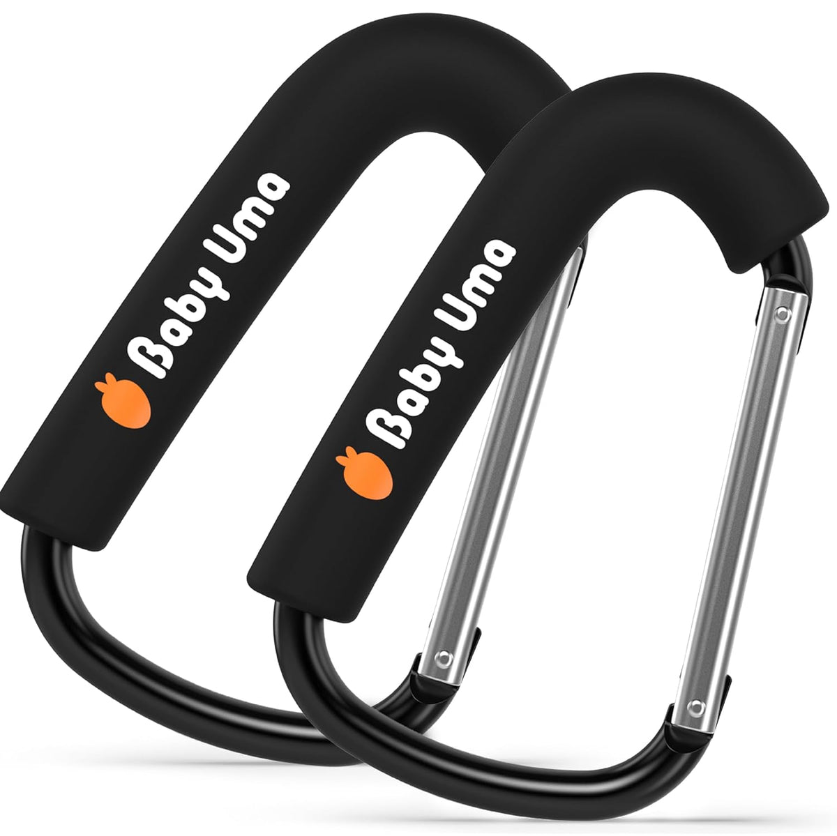 Baby Uma Stroller Hooks for Bags (2 Pack) - Non-Slip, One-Hand Use, 11 lb | These universal stroller clips open one-handed, resist slipping, and each carabiner hook holds 11 lbs—a travel essential.