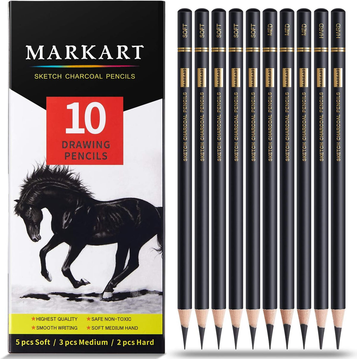 MARKART Professional White Charcoal Pencils Set, 5 Pieces Sketch Highlight Charcoal Pencils for Drawing, Sketching, Shading, Blending, White Chalk Pencils for Beginners & Artists