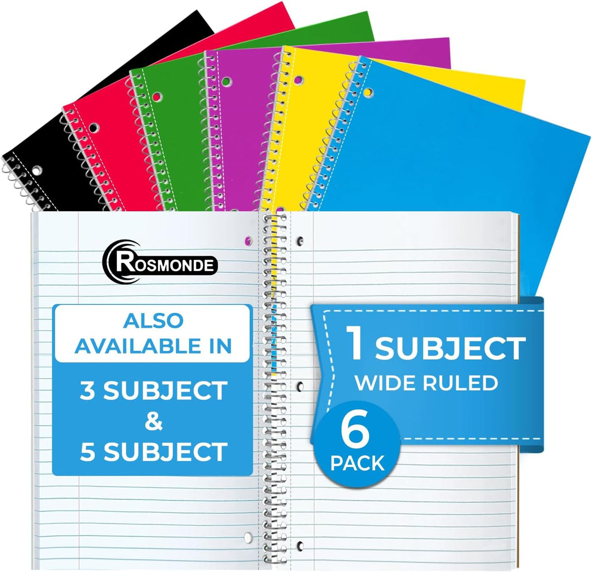 Rosmonde Spiral Notebooks, 12 Pack, 1 Subject Notebook, Wide Ruled, 70 Sheets, 8 x 10-1/2", 3 Hole Punched, School Supplies, Bulk Single Subject Spiral Notebook Bulk, Assorted Colors Pack of Notebooks