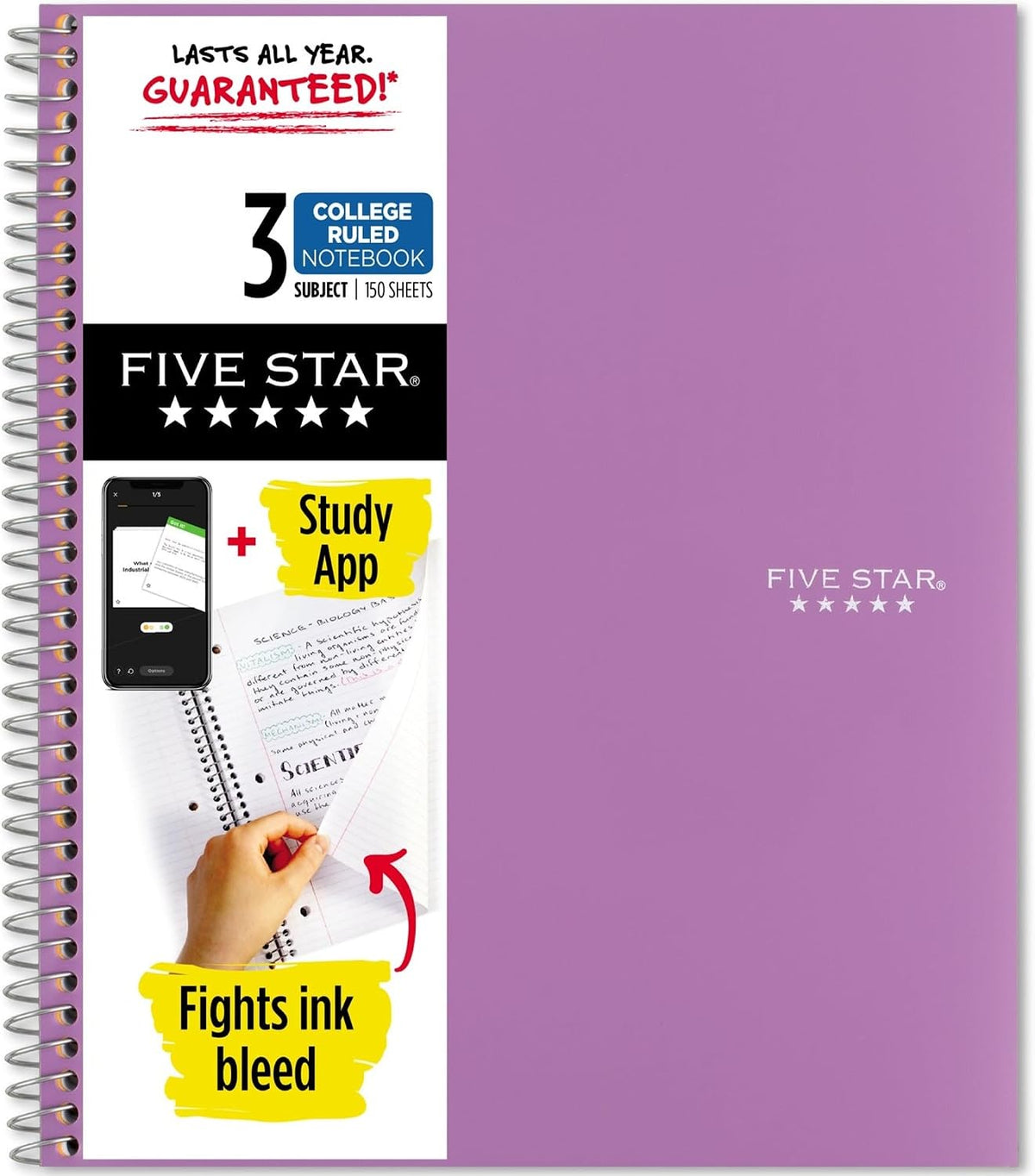 Five Star Spiral Notebook + Study App, 3 Subject, College Ruled Paper, Fights Ink Bleed, Water Resistant Cover, 8-1/2" x 11", 150 Sheets, Green (72067)
