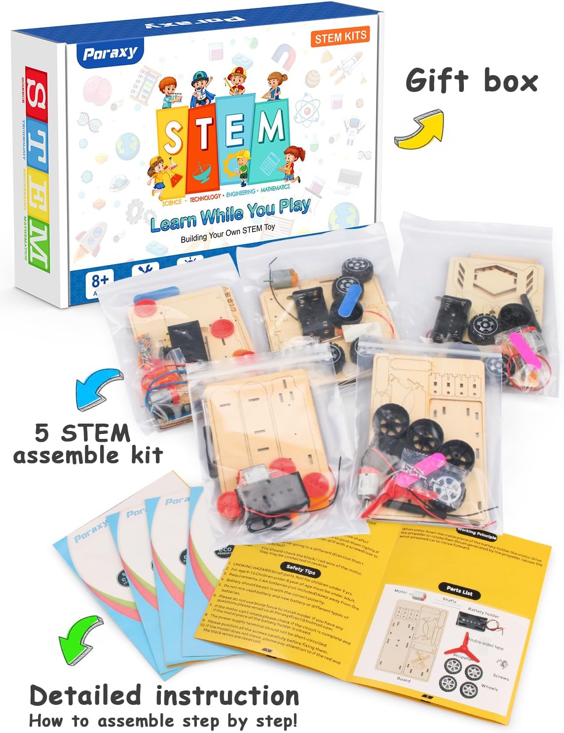 Poraxy 5-in-1 STEM Kits: Science Building Projects, Model Cars, Wooden 3D Puzzles for Kids 8-13