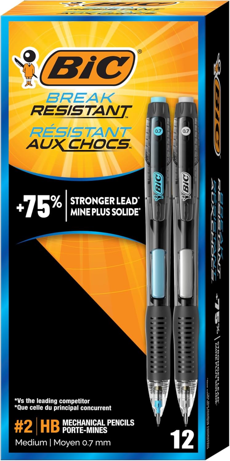 BIC Break Resistant Mechanical Pencils with Erasers, No. 2 Medium Point (0.7mm), 4-Count Pack Pencils for School or Office Supplies, Lead and Eraser Refills