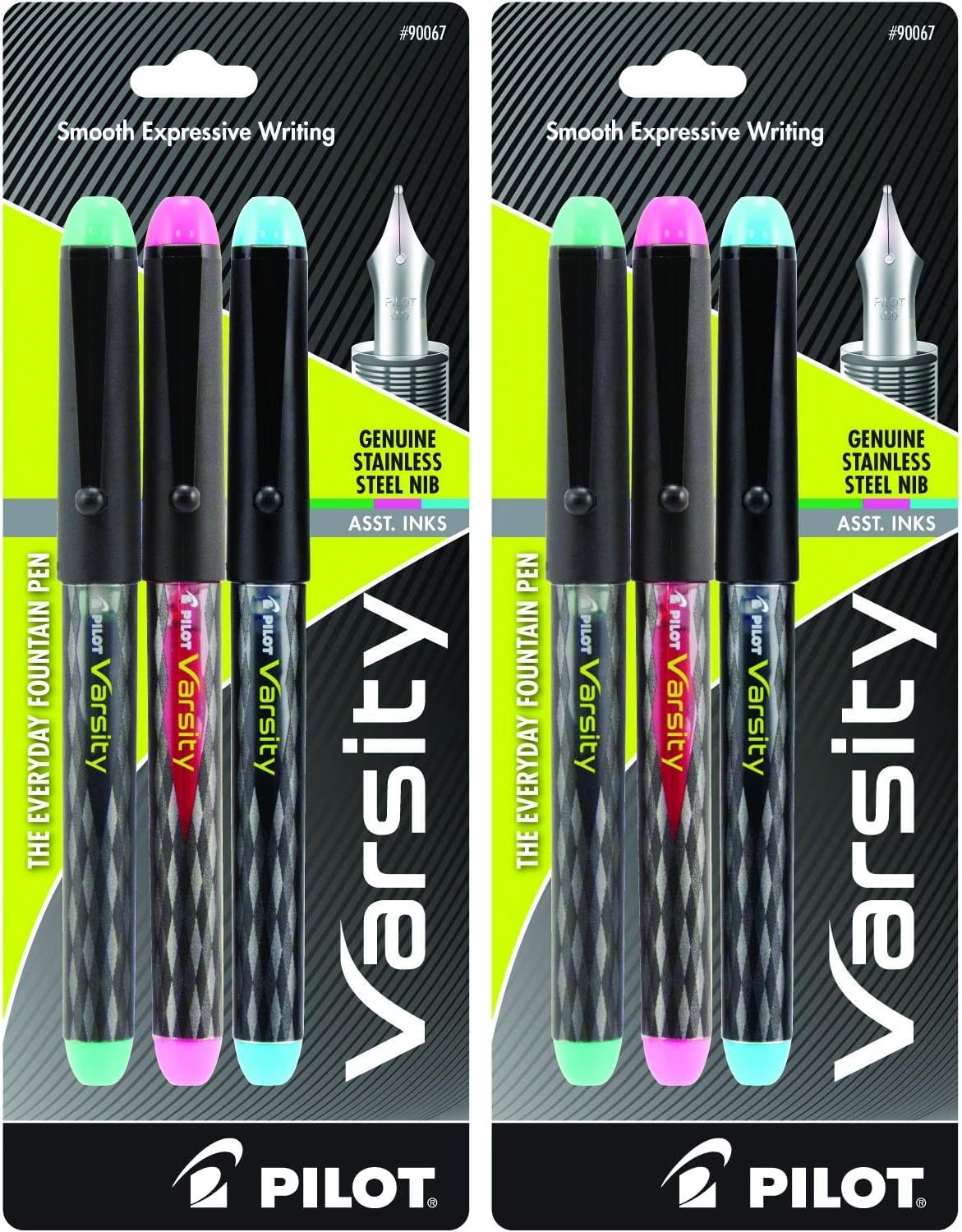 Pilot Precise Varsity Pre-Filled Fountain Pens for Writing, Medium Point Stainless Steel Nib, Black/Blue/Red/Pink/Green/Purple/Turquoise Ink, 1.0mm, 7-Pack